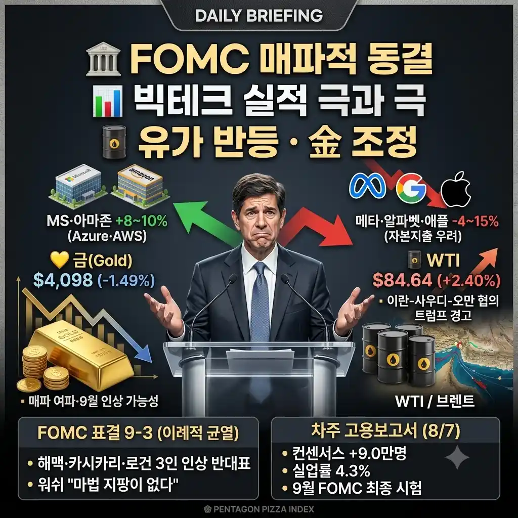 8월 1일 오늘의 브리핑 — FOMC 매파적 동결(9-3, 3명 인상 반대표)·워쉬 "마법 지팡이 없다"