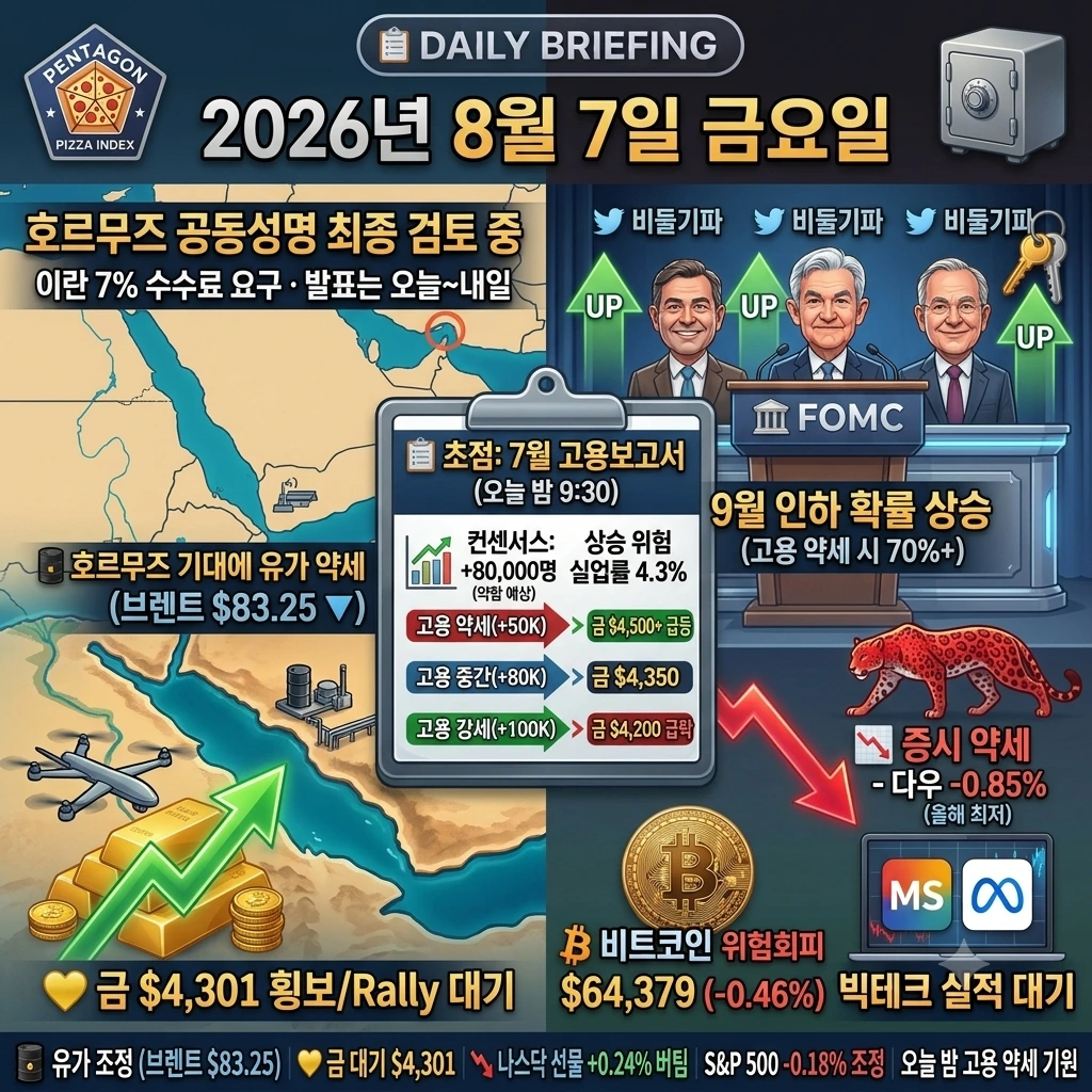 8월 7일 오늘의 브리핑 — 고용보고서 발표 임박, 호르무즈 공동성명 검토 중, 9월 금리인하 기대 강화