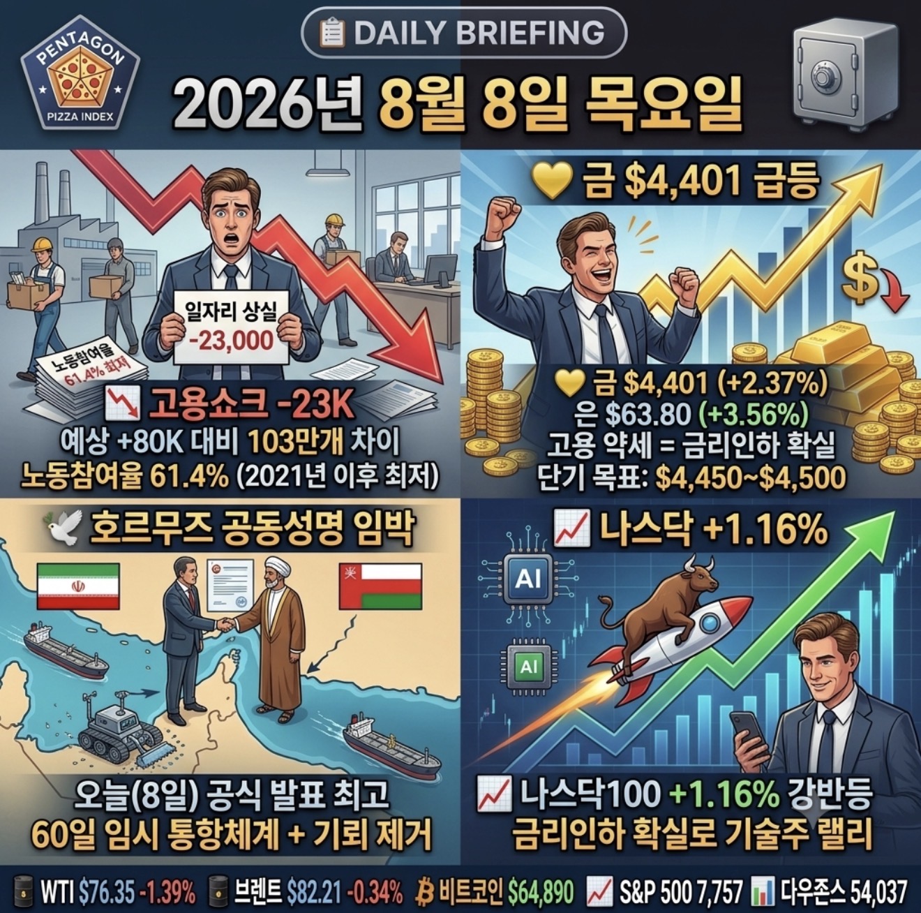 8월 8일 오늘의 브리핑 — 고용쇼크 -23K, 금 $4,401 급등, 호르무즈 공식 발표 임박