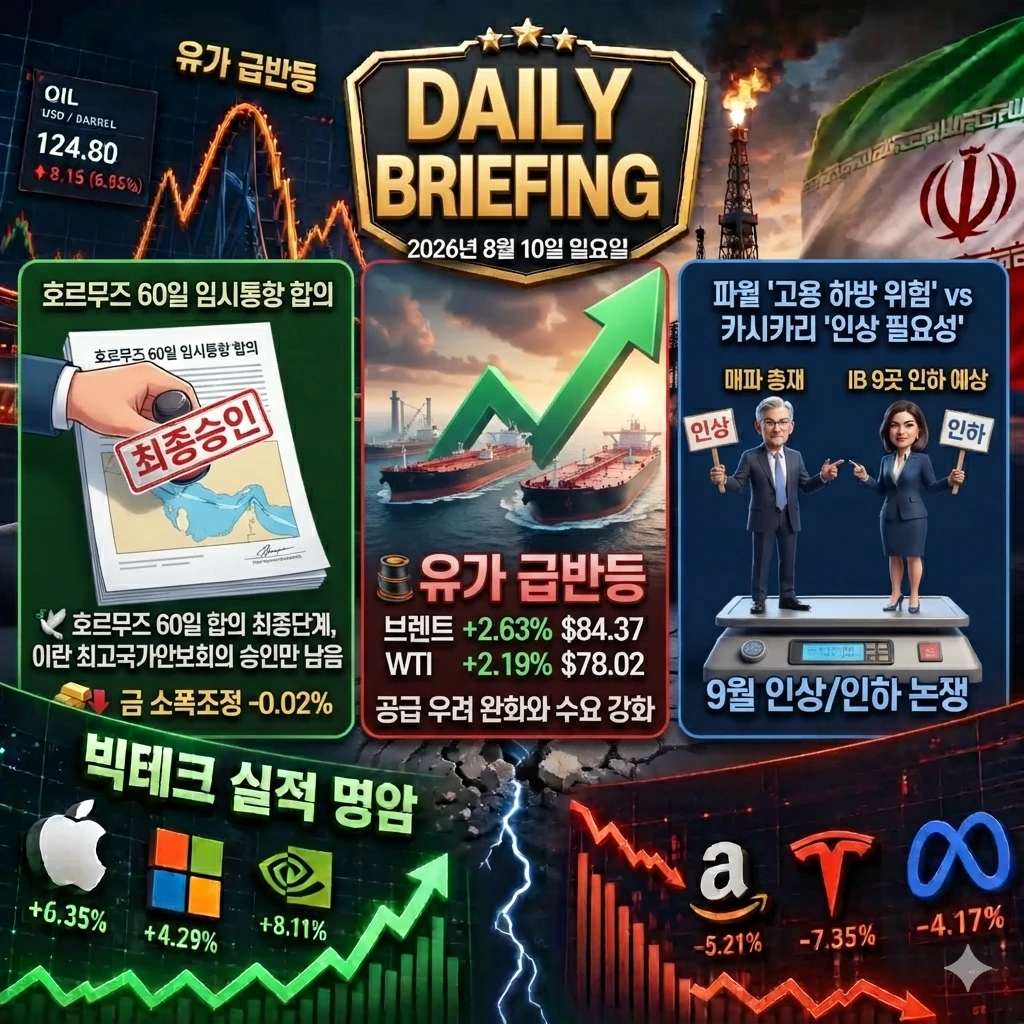 8월 10일 오늘의 브리핑 — 호르무즈 최종 승인 대기, 유가 +2.63%, 금 조정, 9월 인상/인하 논쟁