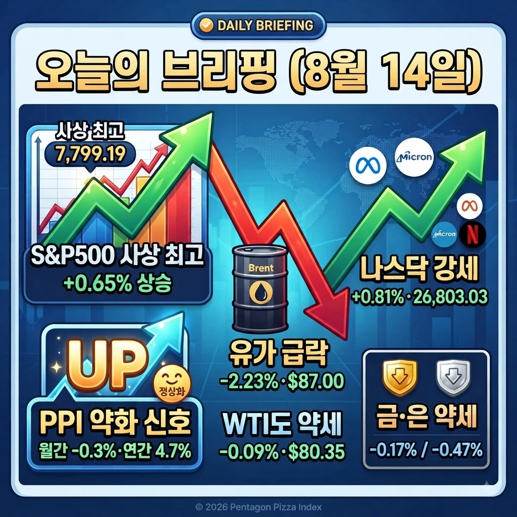 8월 14일 오늘의 브리핑 — S&P500 사상 최고, PPI 약화, 유가 급락