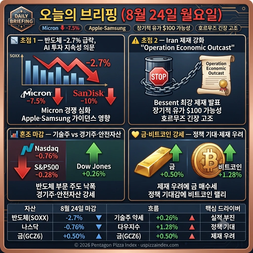8월 24일 월요일 — 반도체 급락, Iran 제재, 혼조 마감