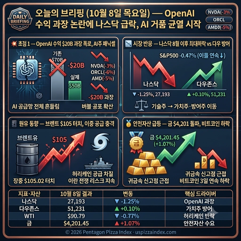 10월 8일 목요일 — OpenAI 수익 $20B 과장 FT 폭로, Nvidia -3%·나스닥 -1.25%