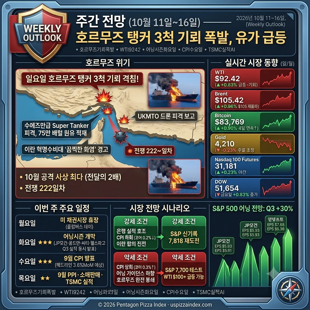 10월 11일 주간 전망 — 호르무즈 탱커 3척 기뢰 폭발, WTI $92·브렌트 $105 급등