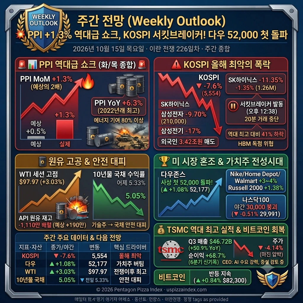 10월 15일 목요일 — PPI +6.3% 역대급 서프라이즈·KOSPI -7.6% 서킷브레이커·다우 52,000